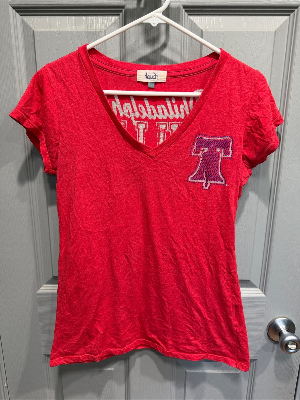 Touch by Alyssa Milano Red V-Neck Phillies Burnout Tee with Rhinestone Design